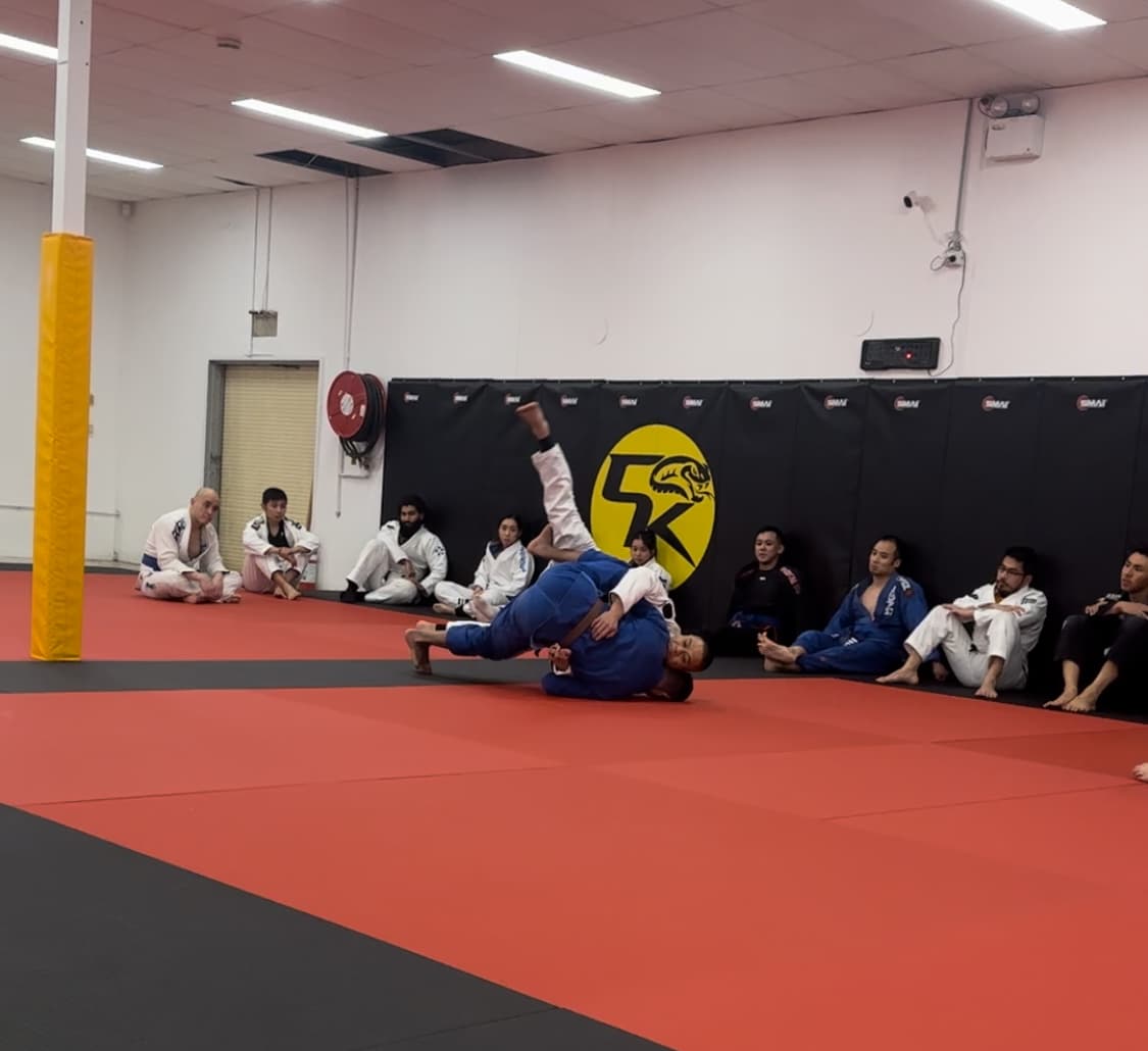 A jiu-jitsu throw in front of the Cabra Kai wall pads